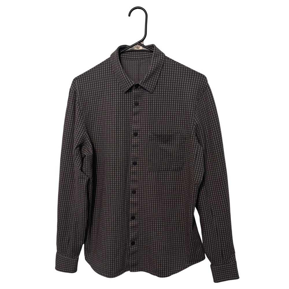 Lululemon Commission Shirt Mens Medium Gray Black Gingham Check Long Sleeve Slim